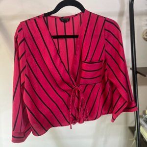 Topshop pink & black stripe tie wrap satin kimono size US 2
